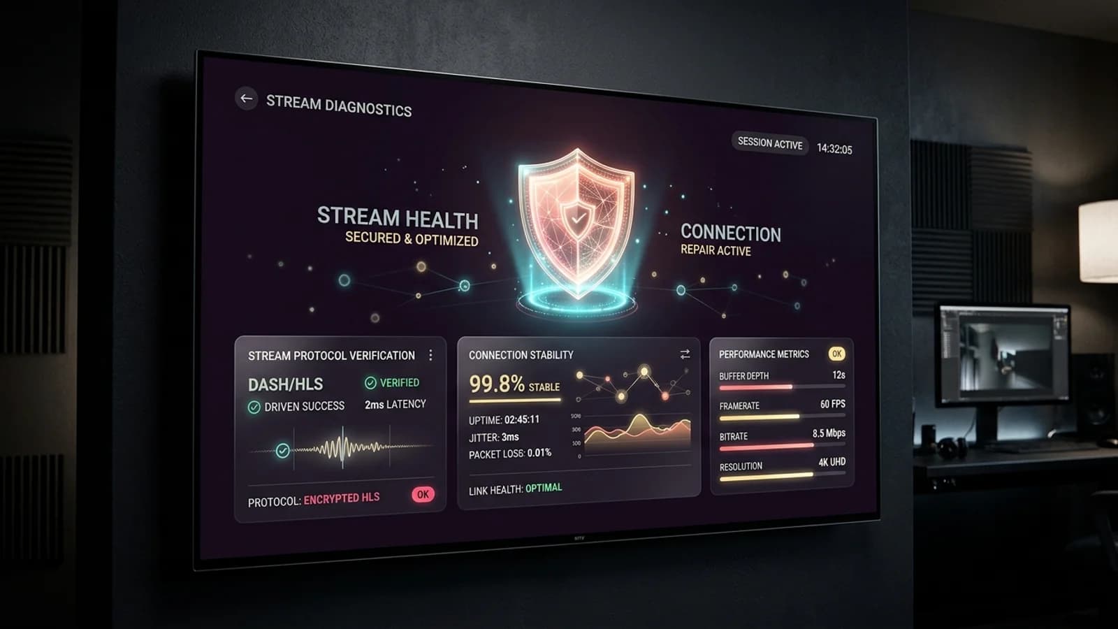Technical diagnostic dashboard on smart television screen showing stream verification and error resolution status