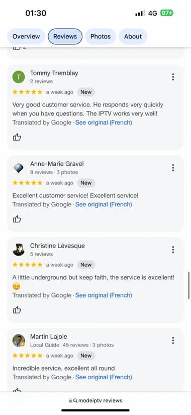 Customer review screenshot praising bilingual customer service and overall service quality